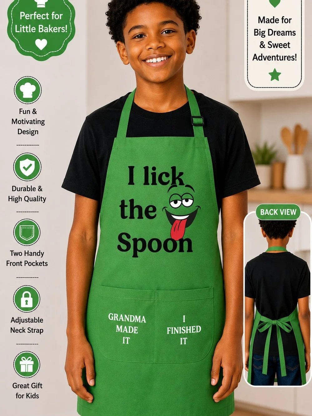 Green Kids Apron with 'I lick the Spoon' Print